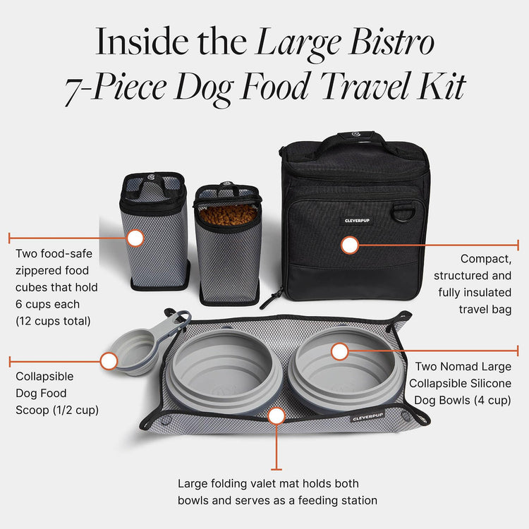 Cleverpup, Large 7-Piece Bistro Box Dog Food Travel Kit, 12-Cup Kibble Storage, 2 Silicone Bowls, Mat & Scoop - Premium Portable Pet Food Kit for Weekends, Overnights, Daycare & Camping, Checkerboard