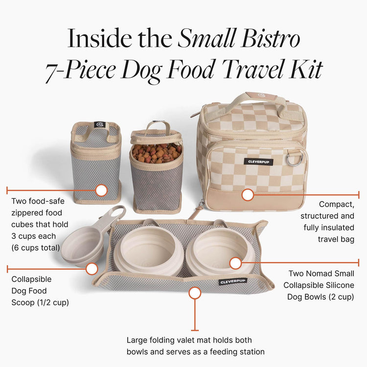 Cleverpup, Large 7-Piece Bistro Box Dog Food Travel Kit, 12-Cup Kibble Storage, 2 Silicone Bowls, Mat & Scoop - Premium Portable Pet Food Kit for Weekends, Overnights, Daycare & Camping, Checkerboard
