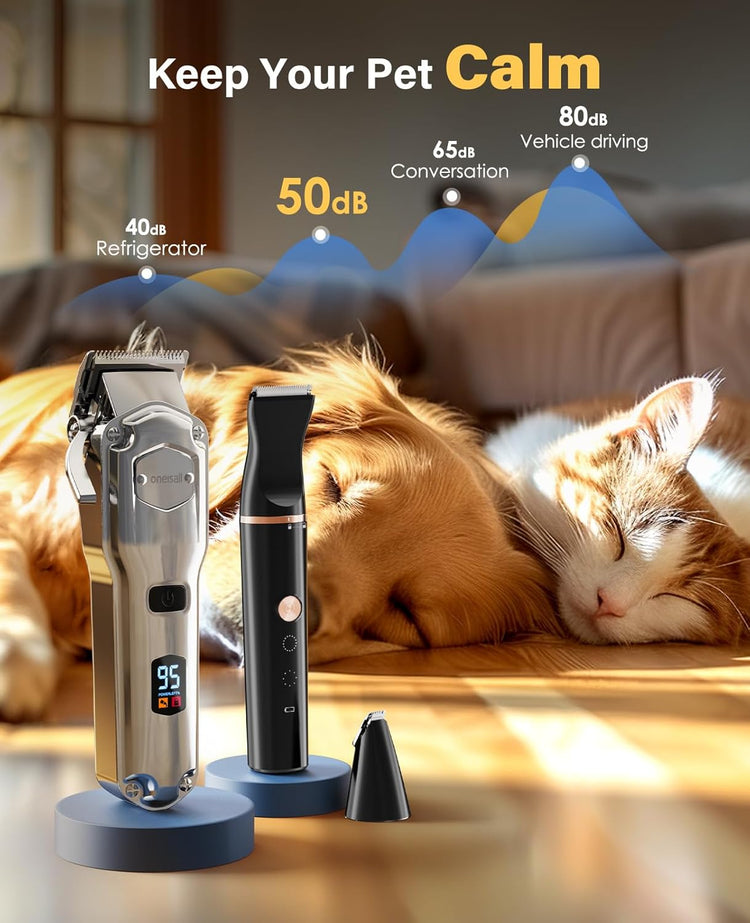 oneisall Dog Grooming Kit for Heavy Thick Hair, with Stainless Steel Blade and Paw Trimmer, Low Noise Rechargeable Cordless Waterproof Dog Clippers for Grooming Animals&Pets