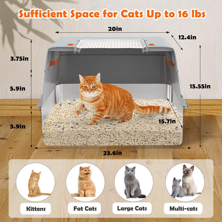 Vivifying Stainless Steel Litter Box, XL Side Entry Extra Large Litter Box with Lid for Big Cats & Kitty, Removable Enclosed Metal Cat Pan with High Sided Enclosure, Scoop (Black)
