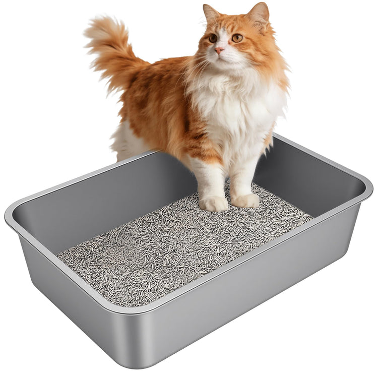 Stainless Steel Litter Box with High Sided, Metal Cat Litter Box, Odor-Free, Non-Stick Litterbox Pan, Easy to Clean Pet Supplies Toilet Tray for Indoor Cats, Kittens or Multicat Homes