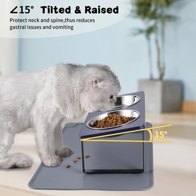 Upgraded Elevated Cat Bowls with Food Mat,15°Tilted Stand Anti Vomiting Raised Cat Dishes for Food and Water,2 Stainless Steel Bowls for Cats and Puppy
