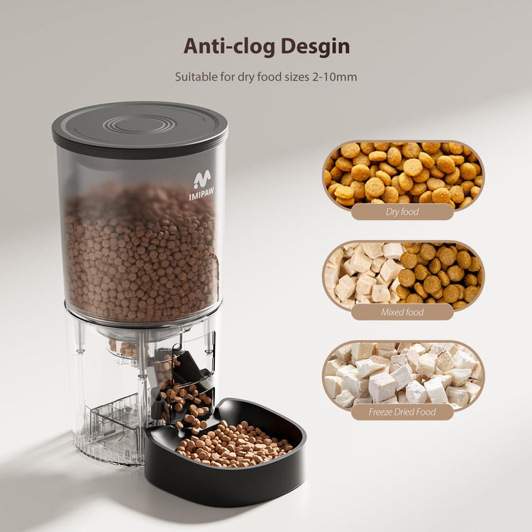 IMIPAW Automatic Cat Feeders, Timed Cat Dry Food Dispenser with Desiccant Bag, Dual Power Supply, Programmable Portion Size, 6 Meals, 20 Portions Per Day, Auto Pet Feeder for Cats and Small Dog, White