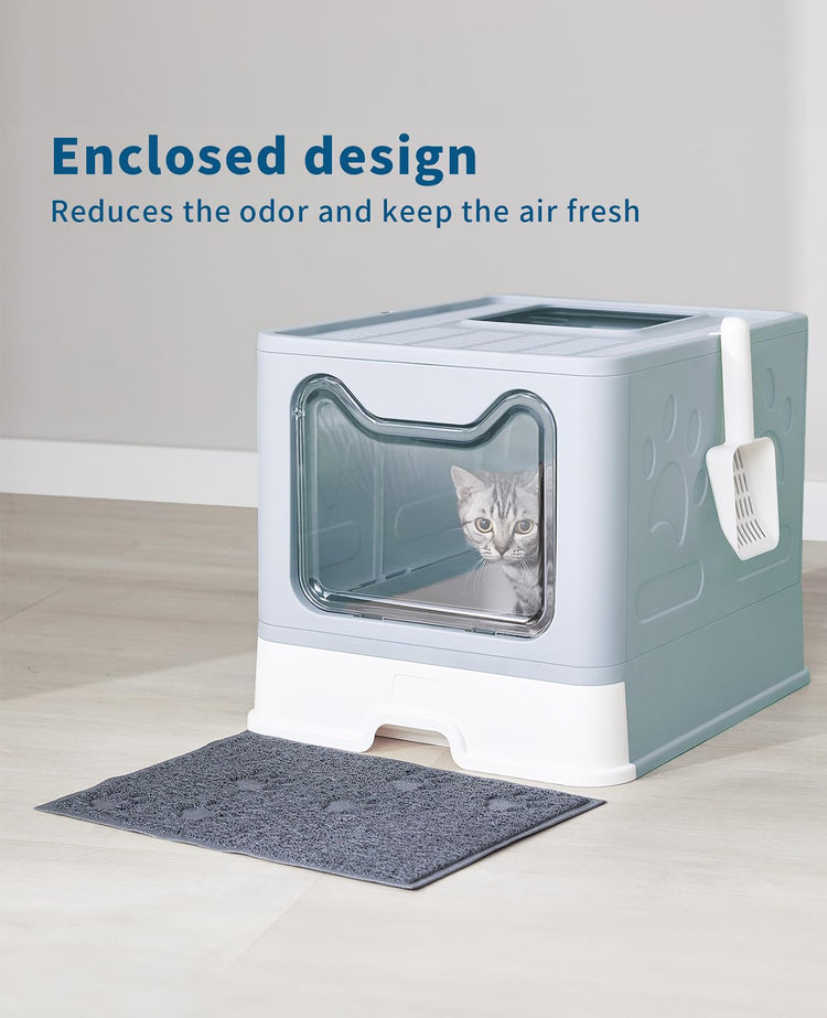 Medario Cat Litter Box with Litter Mat and Scoop, Large Covered Litter Box with Lid, Enclosed Kitty Box, Front Entry Top Exit, Odor Control, Easy to Clean (Grey)