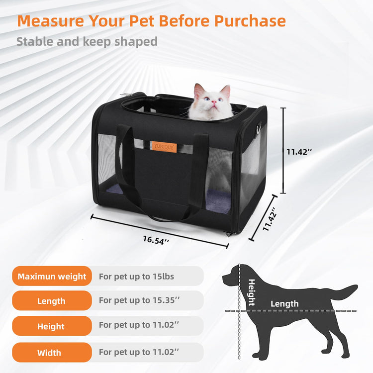 YUNIQUE Soft-Sided Cat & Dog Carrier for Pets Up to 15 Lbs, Airline Approved Collapsible Travel Puppy Carrier with Lightweight Fabric Design (Grey)