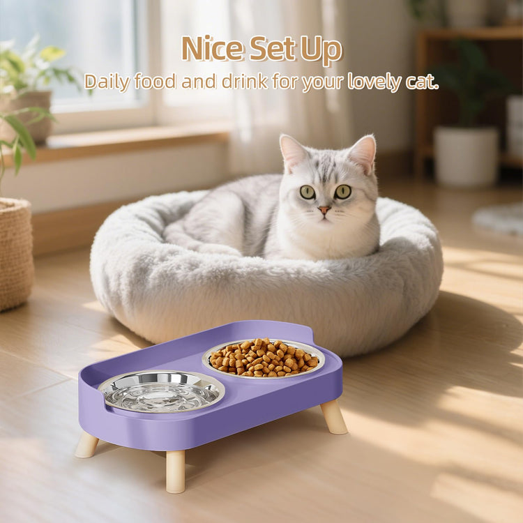Elevated Cat Bowl, Raised Cat Food and Water Bowl Set for Indoor Cats, Splash Proof with 2 Stainless Steel Pet Food Bowls for Cats and Puppies, Whisker Fatigue and Dishwasher Safe - White