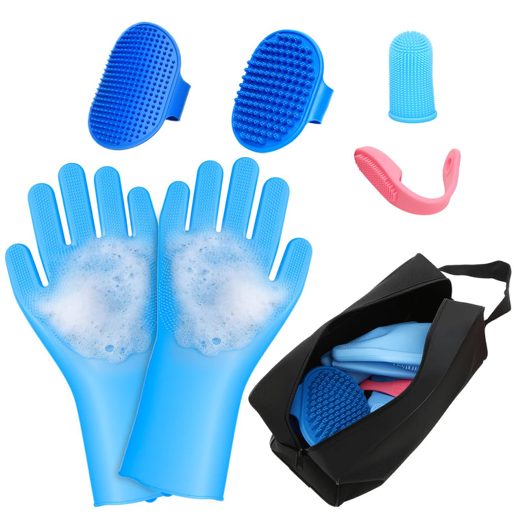 7PCS Pet Grooming Kit for Dogs and Cats，with Storage Bag & Includes Dog Washing Gloveswith High-Density Teeth, Adjustable Handle Dog Shampoo Brush, Dog Finger Toothbrush (Gray)