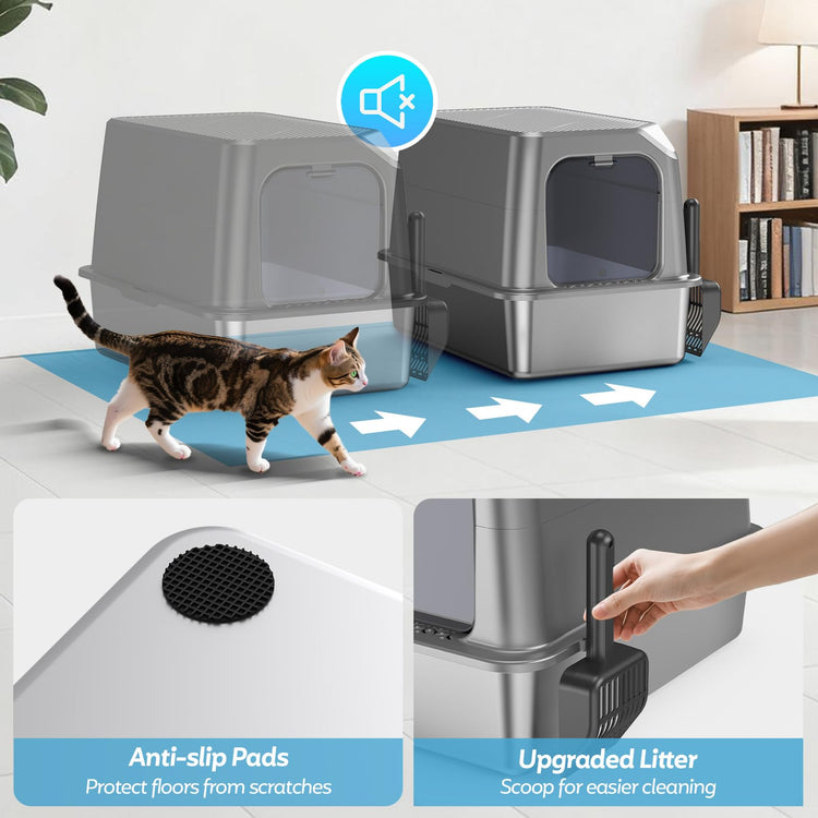 WoofiGo Enclosed Stainless Steel Cat Litter Box with Lid, XL Extra Large Litter Box for Big Cats, Metal Litter Pan High Sided, Never Absorbs Odors, Anti-Urine Leakage, Easy Cleaning, Include Scoop