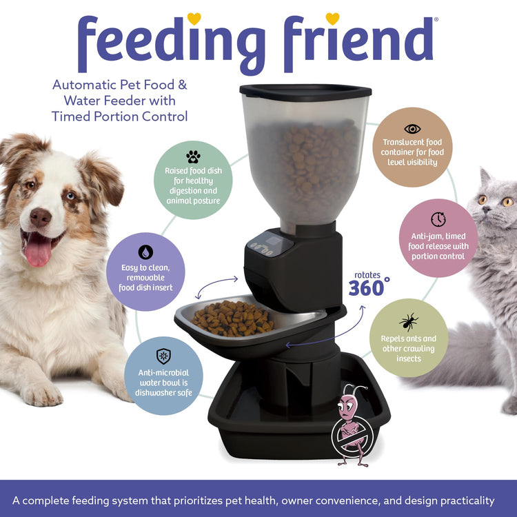 Feeding Friend® Automatic Dog & Cat Food Feeder with Water Dispenser –Smart Pet Feeder with Portion Control, OLED Display, Anti Jam Design, Battery Operated Dispenser for Small - (XS) Pets 4-15 Taupe