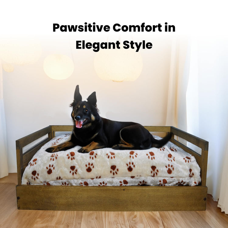 Iconic Pet Sassy Paws Wooden Pet Bed with Paw Printed Comfy Cushion for Dogs & Cats in Varying Sizes & Colors, Small-Rustic Brown