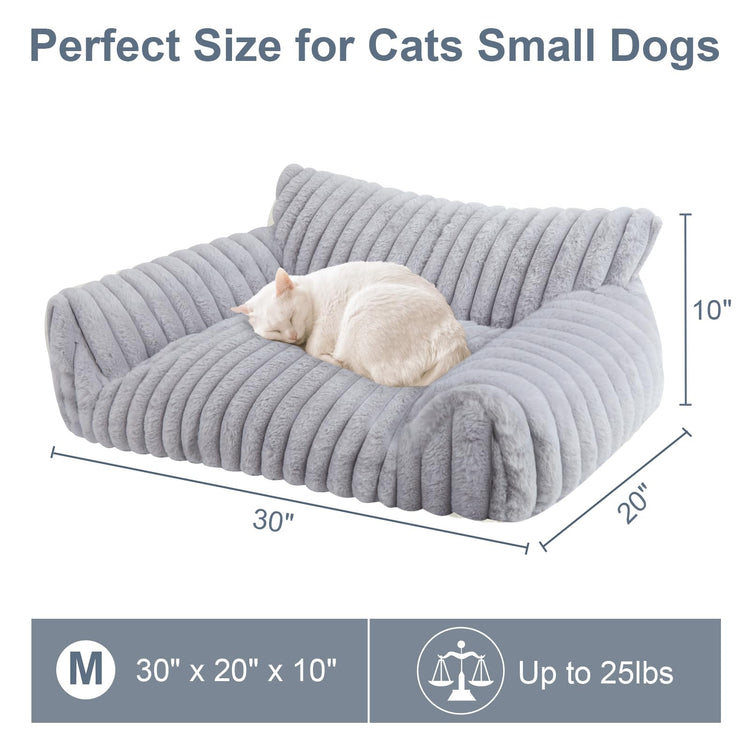 Cute Cat Couch Bed for Indoor Cats, Fluffy Pet Cat Sofa with Premium Soft Corduroy Fleece, Cute Small Dog Beds for Small Dogs, Fuzzy Puppy Chair with Removable Washable Cover (24x18x10,Grey)