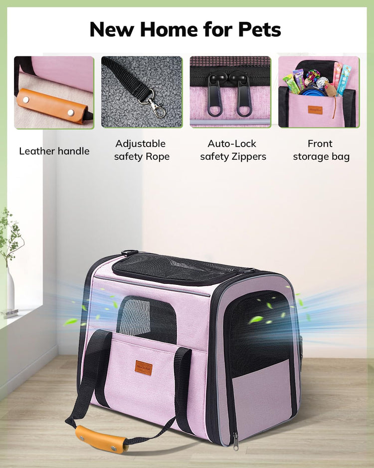 Morpilot Pet Carrier for Large Cats, Puppies & Small Dogs Up to 25lbs, Escape-Proof with Locking Zippers, Dual-Sided Cushion, Safety Buckle for Car & Vet Travel, Includes Foldable Bowl (Dark Gray)