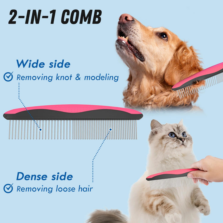 Docrok Pet Grooming Combo - Blue Deshedding Brush with Metal Comb for Detangling and Dematting Long, Matted Fur on Cats and Dogs
