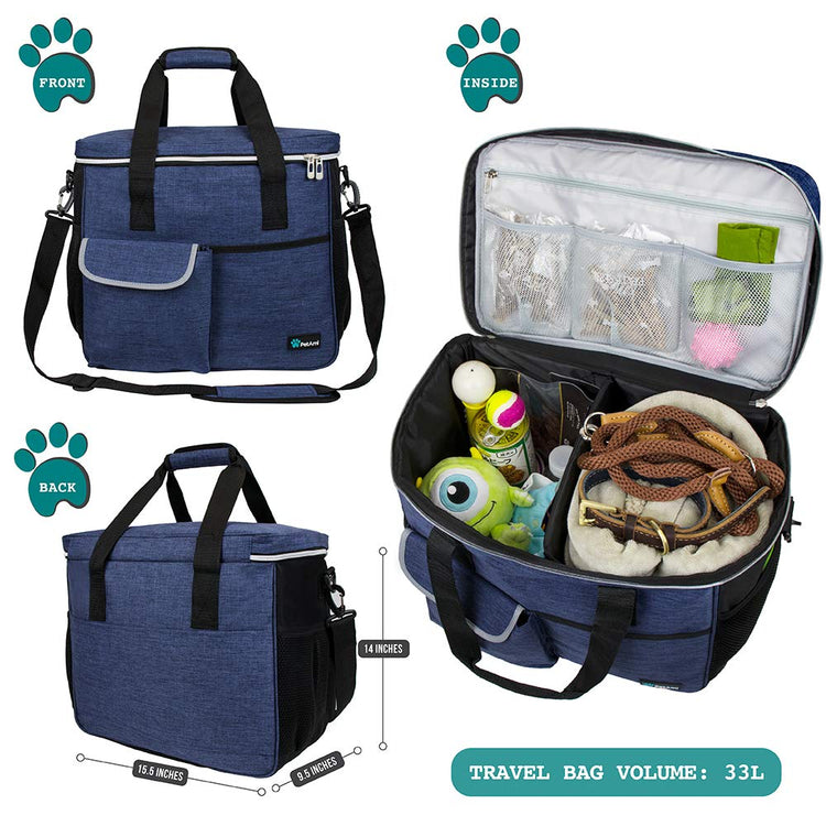 PetAmi Dog Travel Bag Organizer, Pet Travel Kit with 2 Food Containers & 2 Collapsible Dog Bowls, Pet Supplies Tote with Luggage Sleeve, Weekend Road Trip Camping Essentials, Dark Gray, Medium