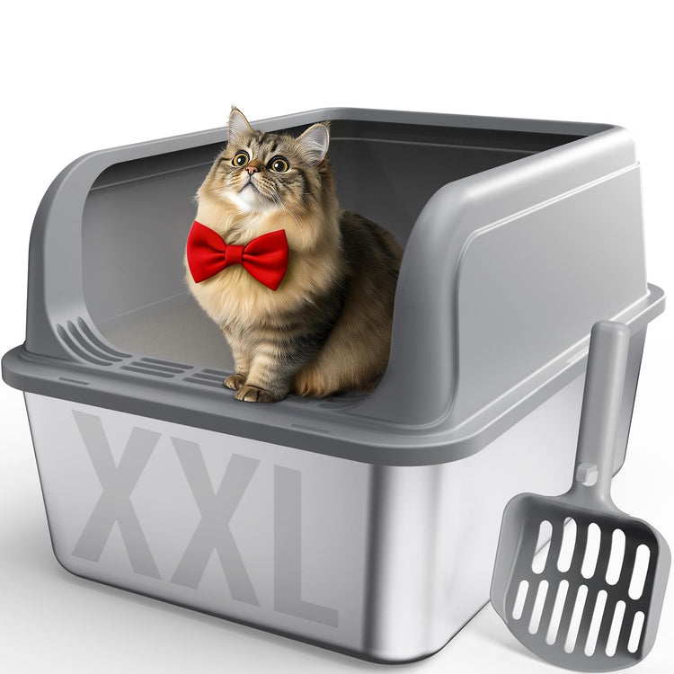 Powools Stainless Steel Cat Litter Box, Metal Litter Box with Scoop, High- Sided, Anti-Leakage Top Entry, Non-Sticky, Easy to Clean, Grey, M (1 Pack)