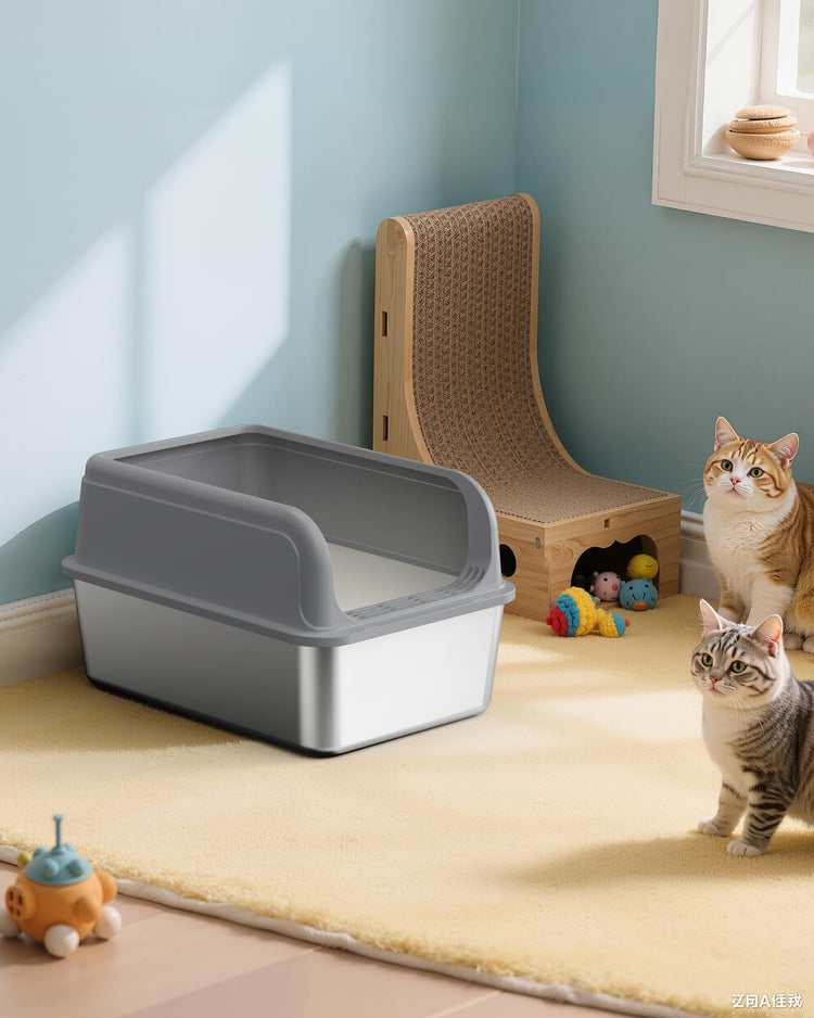 Powools Stainless Steel Cat Litter Box, Metal Litter Box with Scoop, High- Sided, Anti-Leakage Top Entry, Non-Sticky, Easy to Clean, Grey, M (1 Pack)