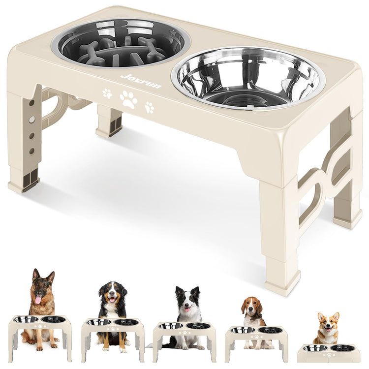 Jovrun Elevated Dog Bowls for Medium Large Size Dogs, Non-Slip Dog Feeder with 1*Stainless Steel Dishes & 1*Slow Feeder Bowl, 5 Heights Adjustable Raised Bowls to 3.15″-8.66″-9.84″-11.02″-12.2″