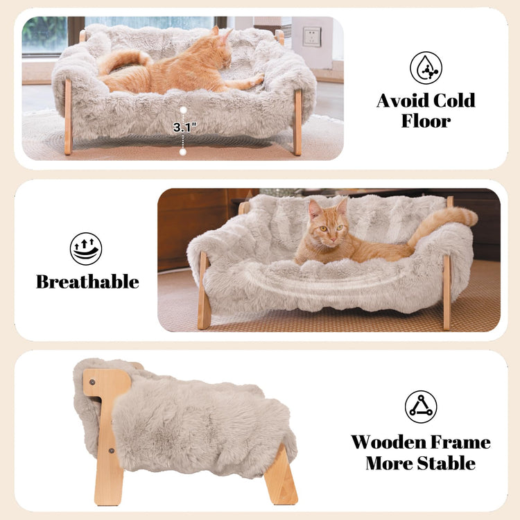 CHEERHOME PETS Elevated Cat Couch Bed for Indoor Cats, Wooden Cat Sofa with Removable Washable Fluffy Cover Raised Kitty Lounge Chair Suitable for Puppy(Cat Sofa Off-White)