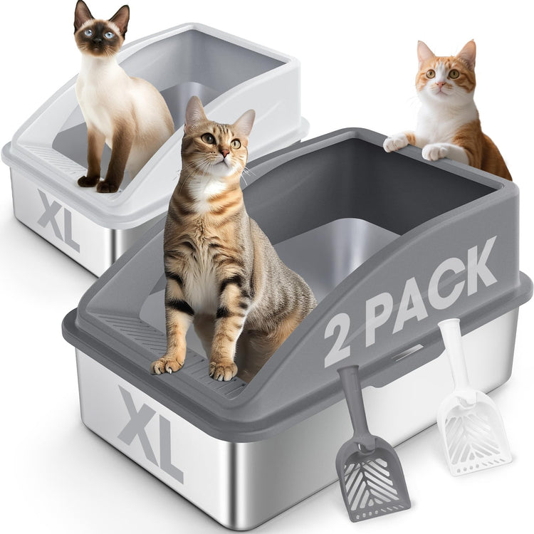 2 Pack Stainless Steel Litter Box for Kitty | Metal Kitty Litter Box with Lid High Sided for Small Cats or Injured Cats, Bunny Litter Boxes, Low Entry, Odor-Free, Non-Stick,Includes Scoop