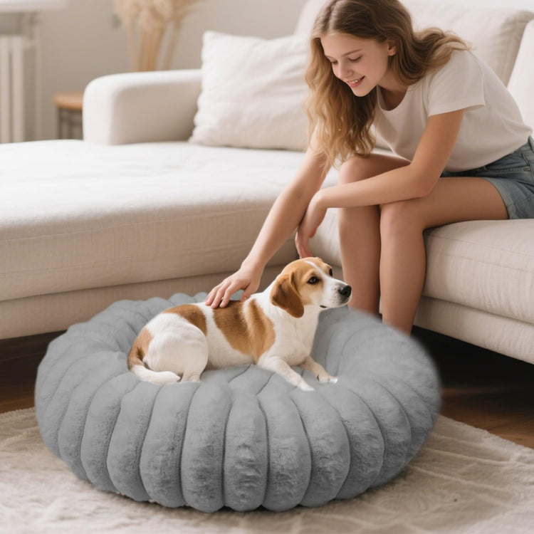 Donut Dog and Cat Bed, Luxurious Comfortable Faux Rabbit Fur Pet Beds, Round Anti-Anxiety Calming Puppy Kitten Bed with Anti-Slip Bottom for Small Medium Dogs & Cats(28", White)