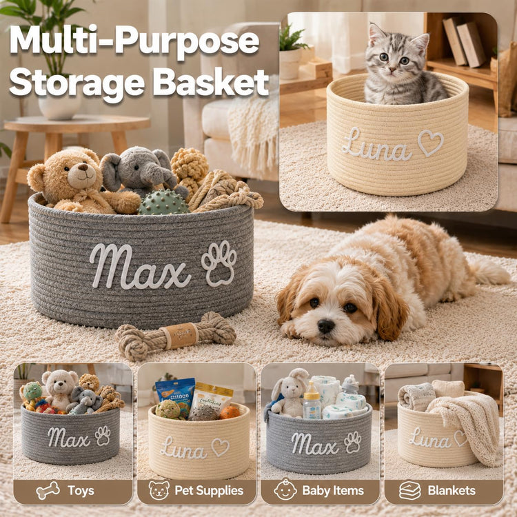 Personalized Dog Toy Basket with Name, Custom Puppy & Kitten Toy Storage Bins, Personalized Cute Handmade Cotton Rope Organizer for Snacks, Pet Supplies, Birthday Gifts Basket for Pets (A1)