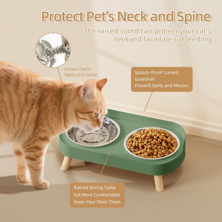 Elevated Cat Bowl, Raised Cat Food and Water Bowl Set for Indoor Cats, Splash Proof with 2 Stainless Steel Pet Food Bowls for Cats and Puppies, Whisker Fatigue and Dishwasher Safe - White