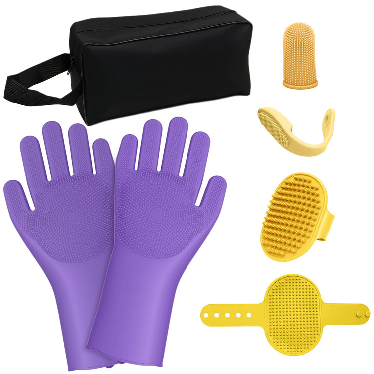 7PCS Pet Grooming Kit for Dogs and Cats，with Storage Bag & Includes Dog Washing Gloveswith High-Density Teeth, Adjustable Handle Dog Shampoo Brush, Dog Finger Toothbrush (Gray)