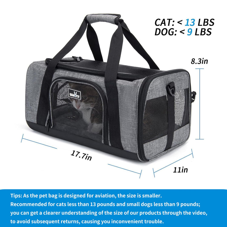 Wakytu Airline Approved Pet Carrier, TSA Approved Soft Sided Travel Bag for Small Dogs and Cats, 5 Mesh Windows & Padded Shoulder Strap for Plane Underseat, 17.7"x11"x8.3"