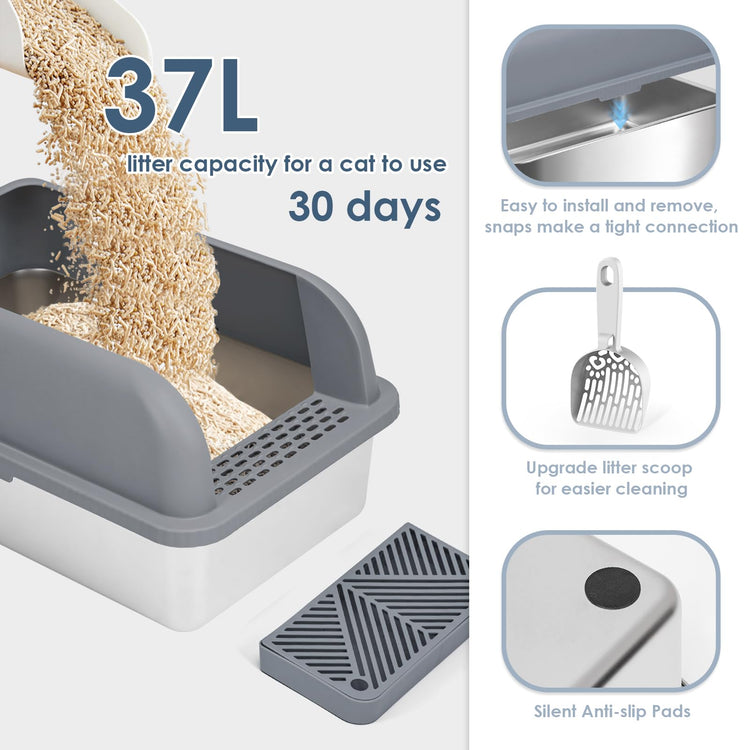 Extra Large Stainless Steel Litter Box with Lid, High Sides Enclosed Cat Litter Box for Big Cats & High Peeing, Anti-Leak & Odor Control Metal Litter Pan, Easy Clean Non-Stick Kitty Litter Box