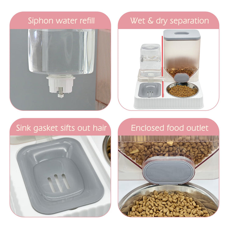 Fhiny Gravity Cat Feeder & Water Dispenser, 2 in 1 Automatic Puppy Waterer Removable Stainless Steel Food Bowls Set Self Feeding Pet Food Storage for Cat Kitten Puppy Easy Clean (White)