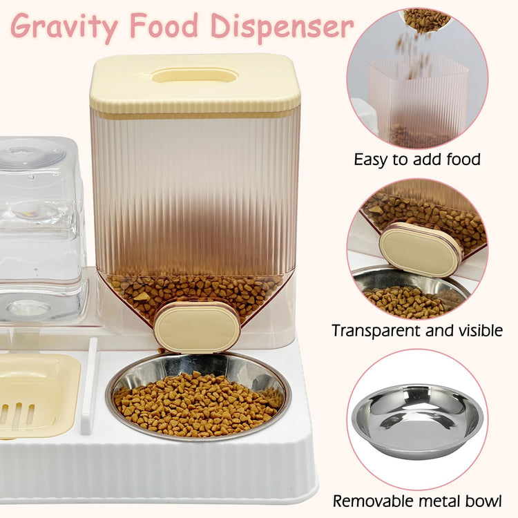 Fhiny Gravity Cat Feeder & Water Dispenser, 2 in 1 Automatic Puppy Waterer Removable Stainless Steel Food Bowls Set Self Feeding Pet Food Storage for Cat Kitten Puppy Easy Clean (White)