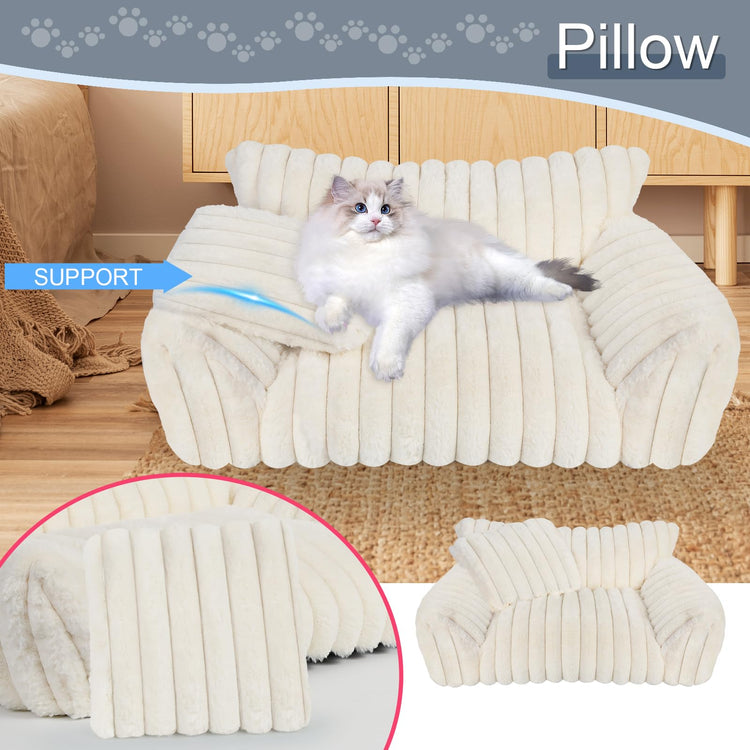 Cute Cat Couch Bed for Indoor Cats, Fluffy Pet Cat Sofa with Premium Soft Corduroy Fleece, Cute Small Dog Beds for Small Dogs, Fuzzy Puppy Chair with Removable Washable Cover (24x18x10,Grey)