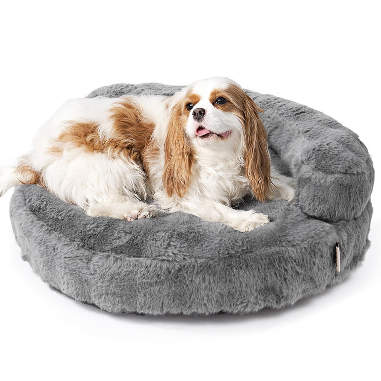 EHEYCIGA Soft Cat Couch Bed for Indoor Cats, Fluffy Small Dog Bed with Removable Washable Cover, Bolster Pet Sofa, Waterproof and Non-Slip, 23" x 23"x 7", Cream
