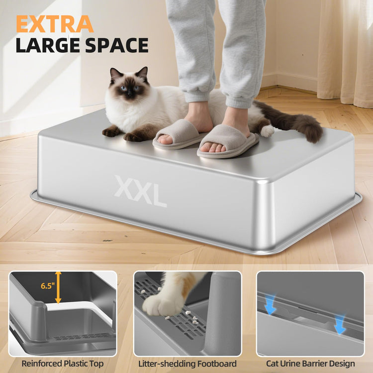 WoofiGo Enclosed Stainless Steel Cat Litter Box with Lid, XL Extra Large Litter Box for Big Cats, Metal Litter Pan High Sided, Never Absorbs Odors, Anti-Urine Leakage, Easy Cleaning, Include Scoop