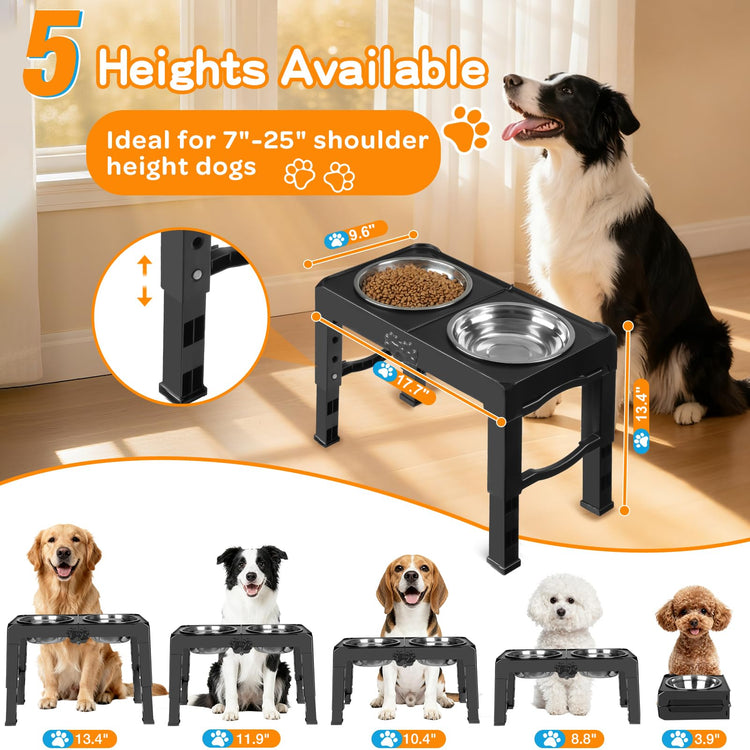 COMESOON Elevated Dog Bowls, 4 Height Adjustable Raised Bowl Stand with 2 Thick 50oz Stainless Steel Food Bowls Non-Slip Feeder Adjusts to 3.7'', 9.2'', 10.75'', 12.36'' Black, (DB-W01)