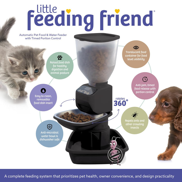 Feeding Friend® Automatic Dog & Cat Food Feeder with Water Dispenser –Smart Pet Feeder with Portion Control, OLED Display, Anti Jam Design, Battery Operated Dispenser for Small - (XS) Pets 4-15 Taupe