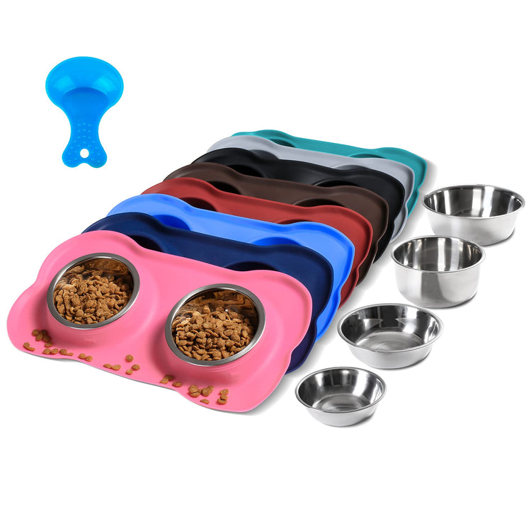 Hubulk Pet Dog Bowls 2 Stainless Steel Dog Bowl with No Spill Non-Skid Silicone Mat + Pet Food Scoop Water and Food Feeder Bowls for Feeding Small Medium Large Dogs Cats Puppies (Small, Blue)