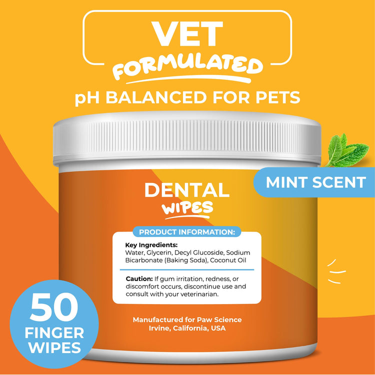 Paw Science Dog & Cat Teeth Cleaning Wipes - Dental Finger Wipes for Cats & Dogs - Pet Toothbrush & Tooth Brushing Kit - Effective Teeth Cleaner (Unscented)