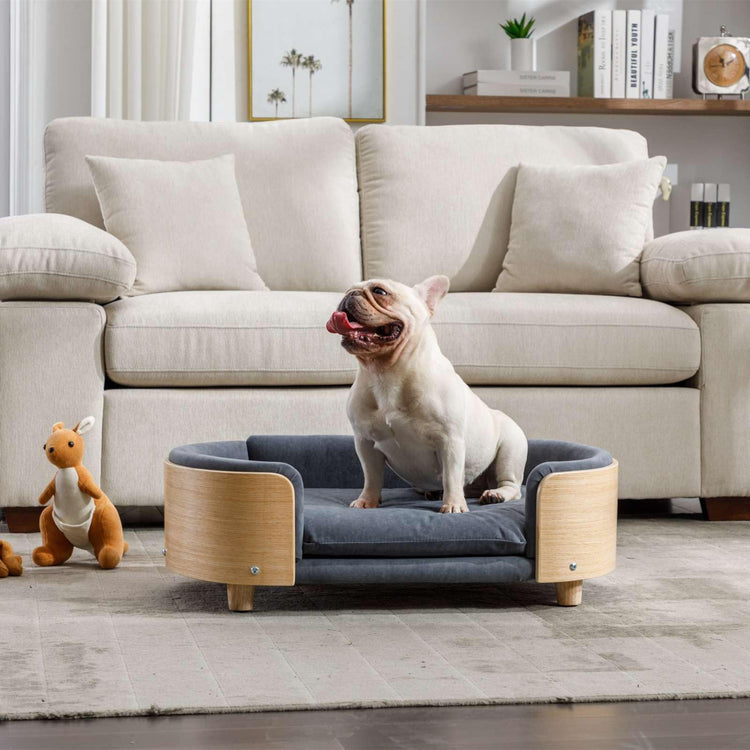Velvet Dog Bed Pet Sofa with Solid Wood Legs and Bent Wood Back, Stain-Resistant Cushion in Multiple Colors - Luxury Pet Furniture for Cats and Dogs, Dark Grey