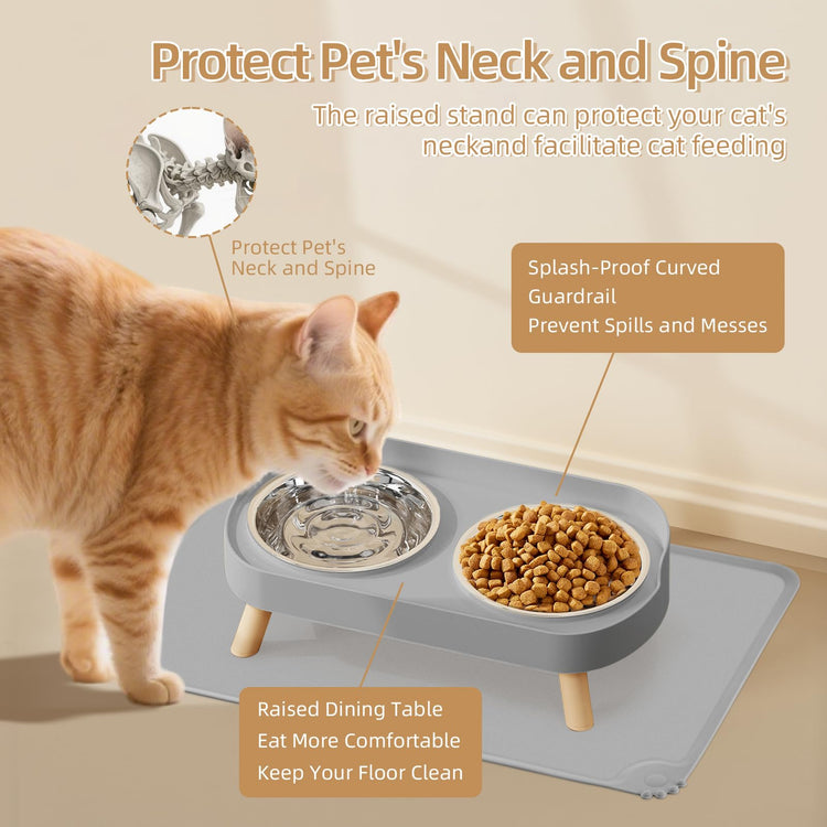 Elevated Cat Bowl, Raised Cat Food and Water Bowl Set for Indoor Cats, Splash Proof with 2 Stainless Steel Pet Food Bowls for Cats and Puppies, Whisker Fatigue and Dishwasher Safe - White