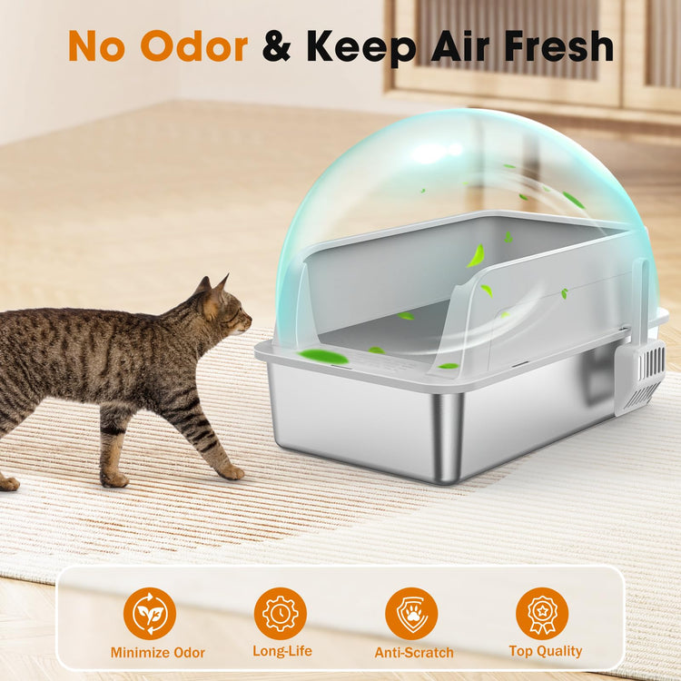2PACK Stainless Steel Litter Box, Extra Large Litter Boxes for Big Cats, XL Metal Cat Litter Box with Lid High Sides, Anti-Urine Leakage, Non-Sticky, Scoop Included