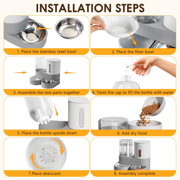 Automatic Gravity Cat Dog Feeder and Water Dispenser with 304 Stainless Steel Bowls 2 in 1 360 Degree Rotatable Auto 2.4L Dry Food and 2.6L Water Bowl for Small Medium Pet Dog Puppy Kitten (Gray)