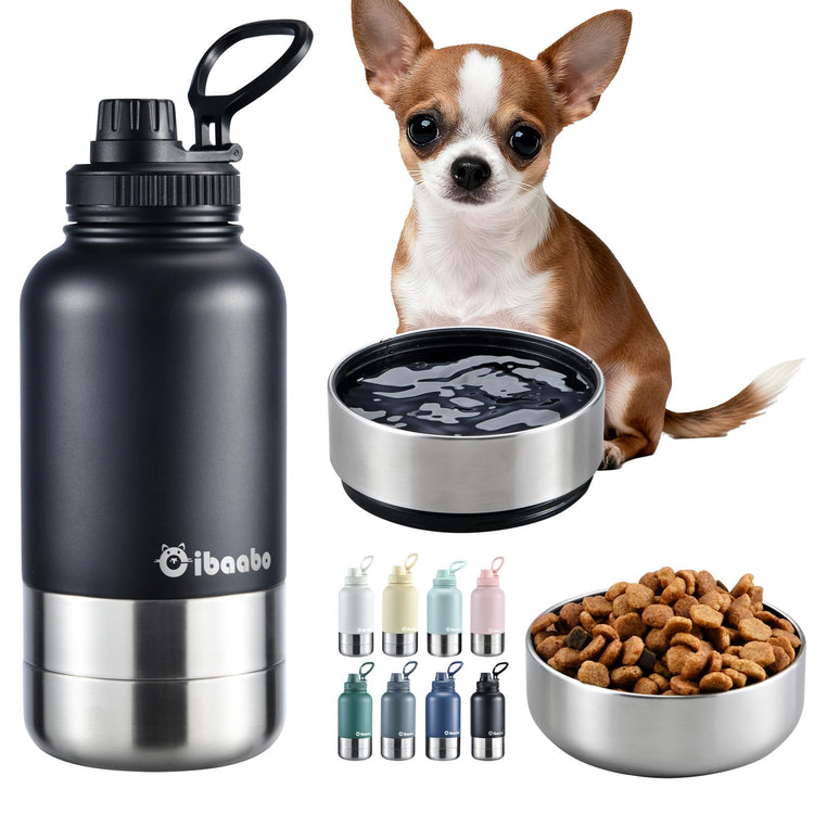 Cibaabo Insulated Dog Water Bottle with 2 Bowls, 32oz Travel Stainless Steel Double Wall Thermos, Portable Pet Dispenser, Gifts for Puppy Small Medium Dogs Walking Hiking and Camping