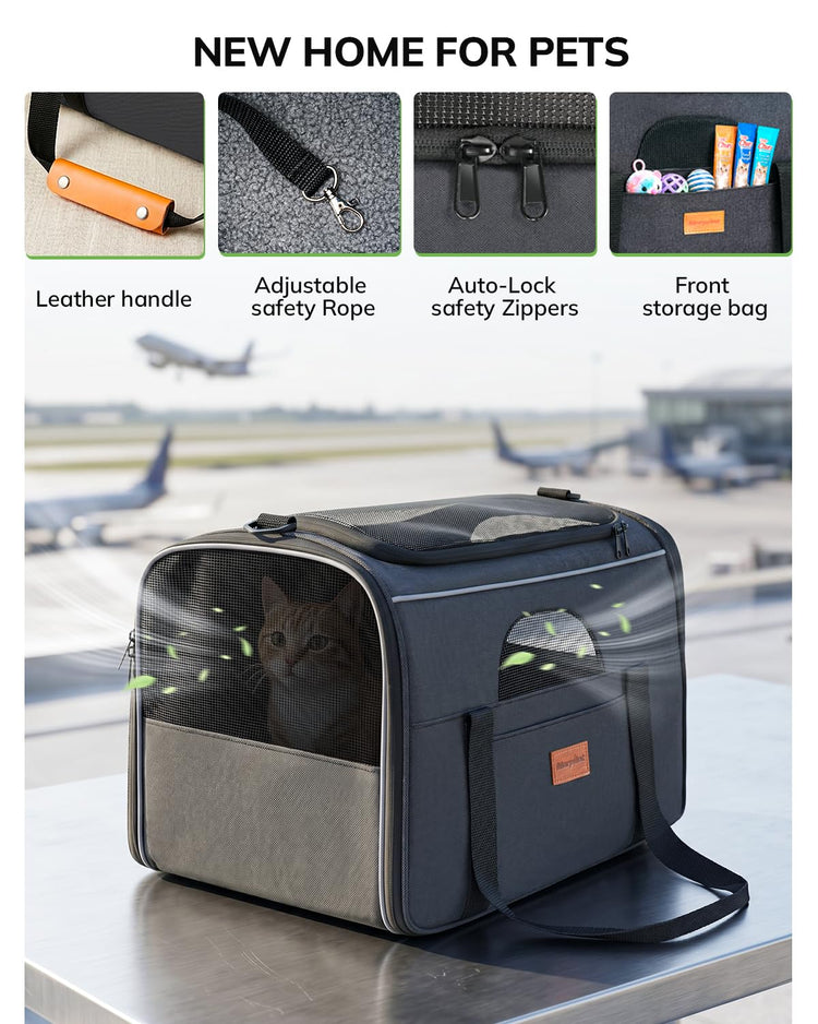 Morpilot Pet Carrier for Large Cats, Puppies & Small Dogs Up to 25lbs, Escape-Proof with Locking Zippers, Dual-Sided Cushion, Safety Buckle for Car & Vet Travel, Includes Foldable Bowl (Dark Gray)