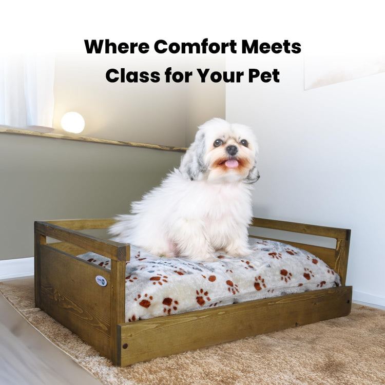 Iconic Pet Sassy Paws Wooden Pet Bed with Paw Printed Comfy Cushion for Dogs & Cats in Varying Sizes & Colors, Small-Rustic Brown