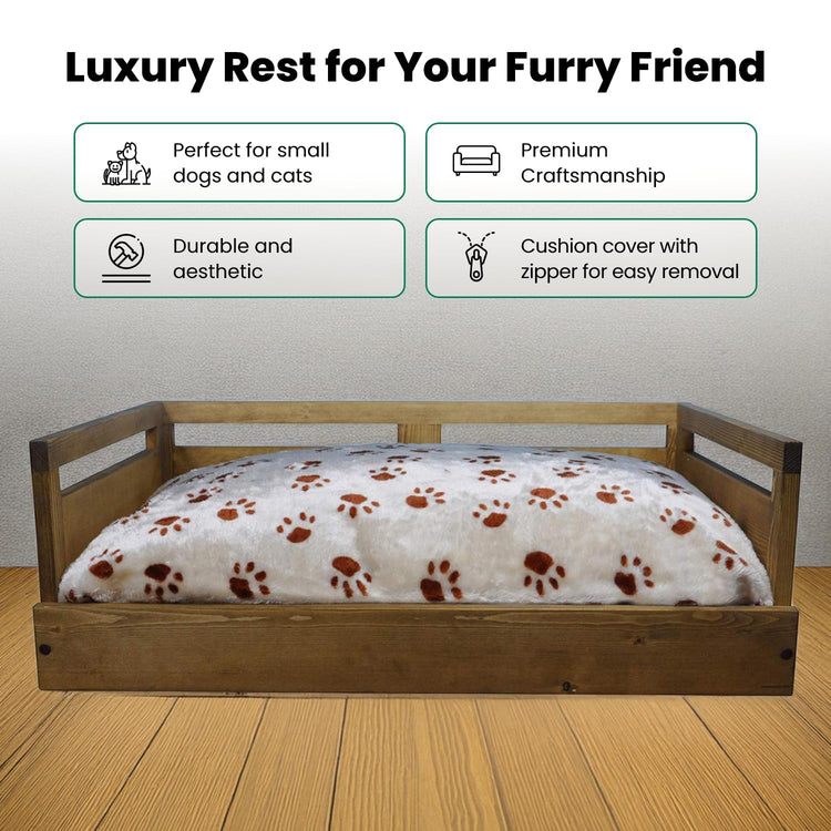 Iconic Pet Sassy Paws Wooden Pet Bed with Paw Printed Comfy Cushion for Dogs & Cats in Varying Sizes & Colors, Small-Rustic Brown