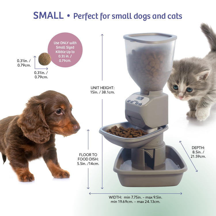 Feeding Friend® Automatic Dog & Cat Food Feeder with Water Dispenser –Smart Pet Feeder with Portion Control, OLED Display, Anti Jam Design, Battery Operated Dispenser for Small - (XS) Pets 4-15 Taupe