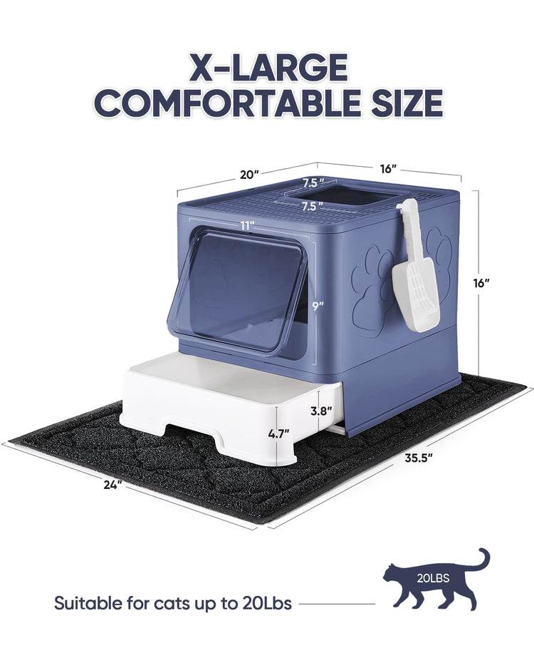 Medario Cat Litter Box with Litter Mat and Scoop, Large Covered Litter Box with Lid, Enclosed Kitty Box, Front Entry Top Exit, Odor Control, Easy to Clean (Grey)