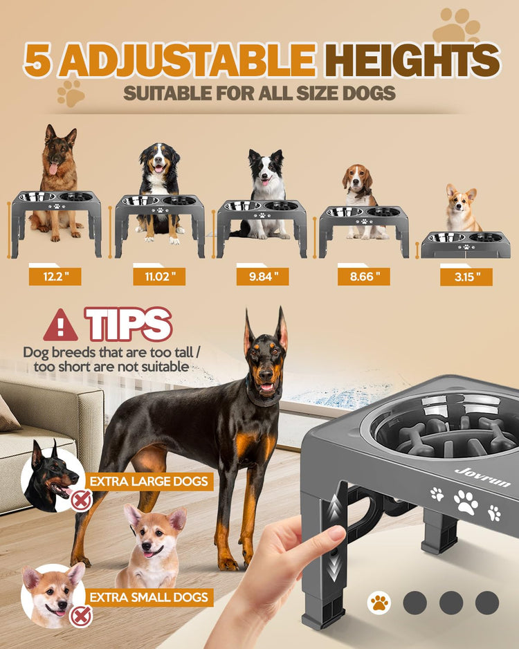 Jovrun Elevated Dog Bowls for Medium Large Size Dogs, Non-Slip Dog Feeder with 1*Stainless Steel Dishes & 1*Slow Feeder Bowl, 5 Heights Adjustable Raised Bowls to 3.15″-8.66″-9.84″-11.02″-12.2″