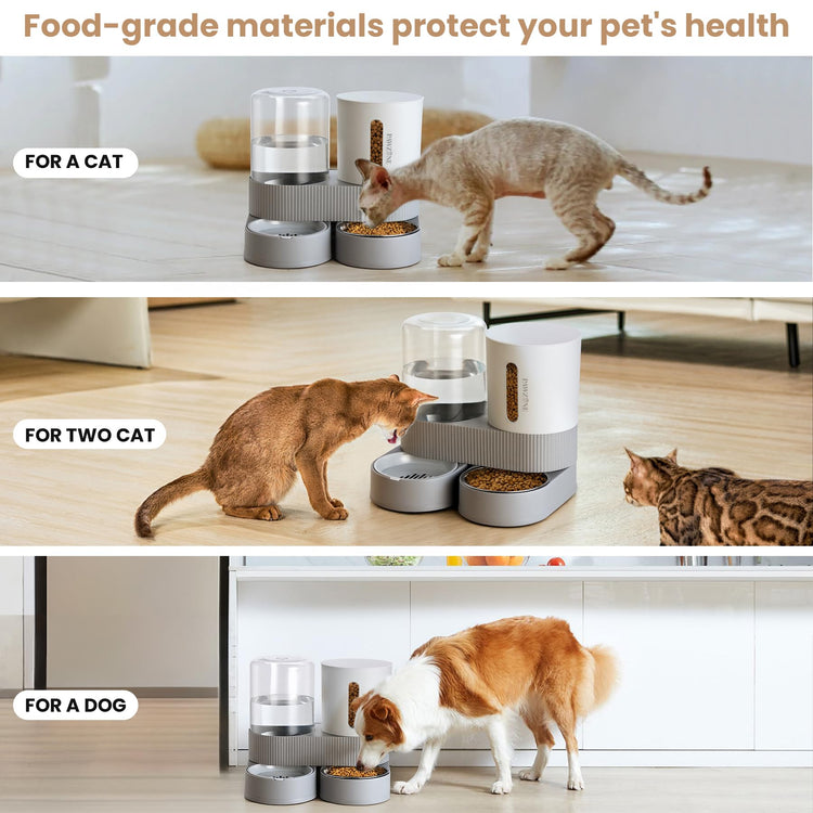 2 Pack Automatic Cat Feeder Stainless Steel Water Dispenser Gravity Food Feeder and Waterer Set with Pet Food Bowl for Small Medium Kitten Puppy Pets Large Capacity(Grey)
